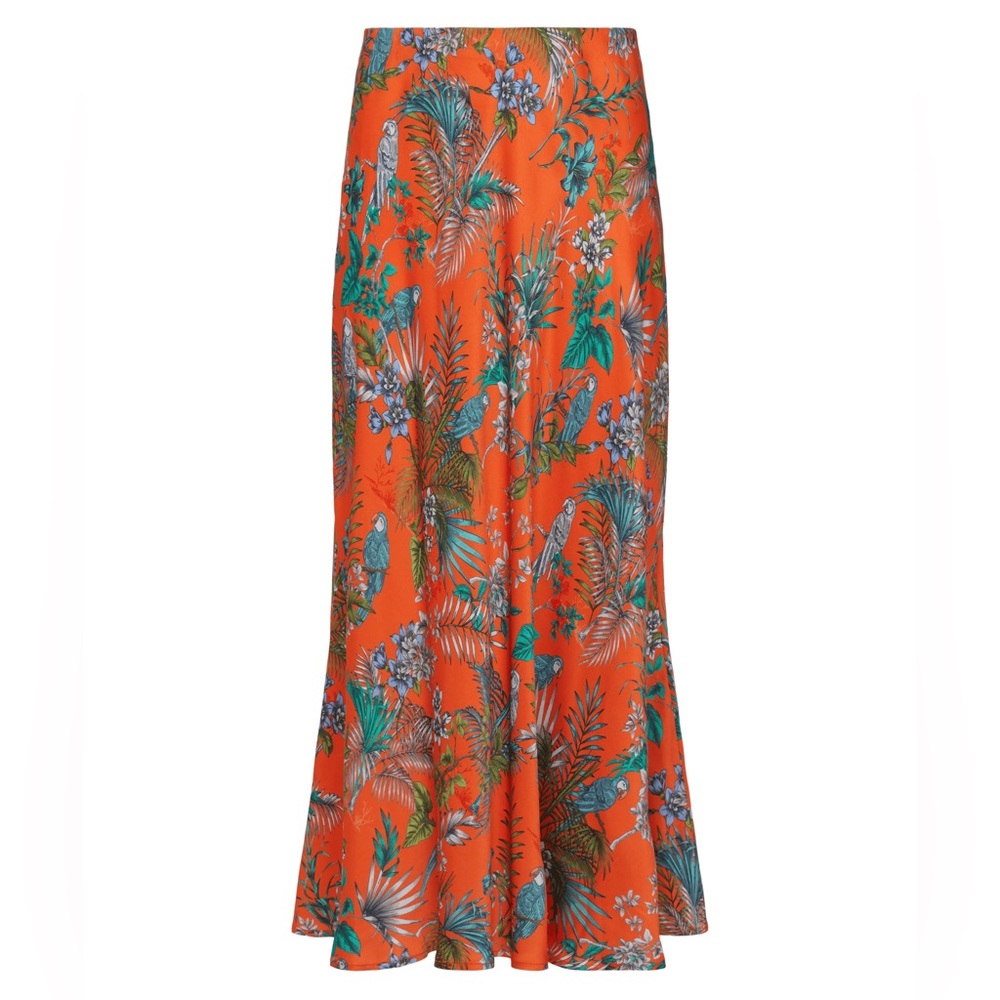 L'AGENCE Orange Tropical Print Midi Skirt